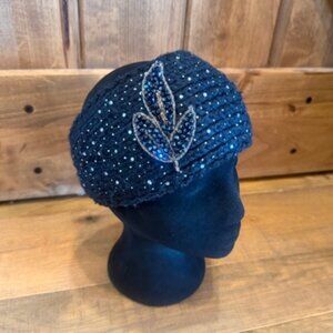 Black Knit Rhinestone Studded Ear Warmer Headband